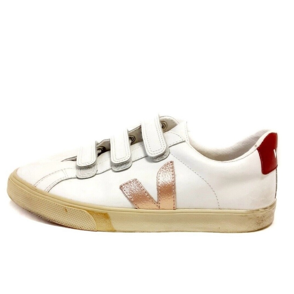 Veja White Sneakers with Rose Gold V and Red Heel Tab